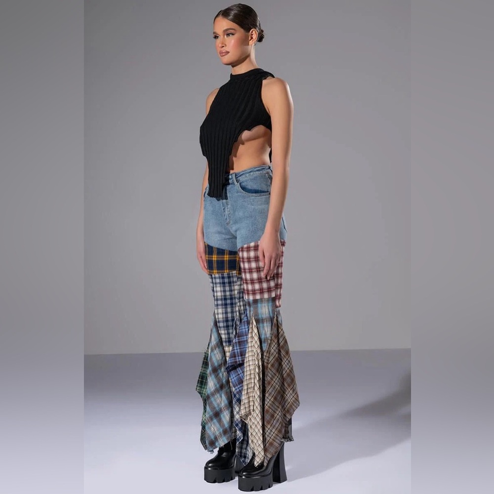 NWT! REHAB LAB Plaid Patchwork Mixed Media Flannel Flare Leg Denim Jeans Pants - Picture 8 of 15